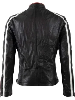 Blouson en cuir de mouton noir uni avec une coupe droite et un col rond