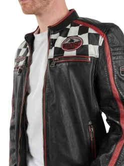 Blouson en cuir de mouton noir uni avec une coupe droite et un col rond