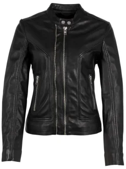Blouson en cuir de mouton noir uni à coupe ajustée et col montant à pression