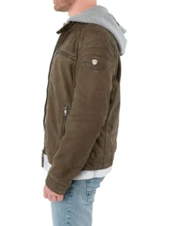 Blouson en cuir de mouton olive uni avec une coupe ajustée et un col à capuche