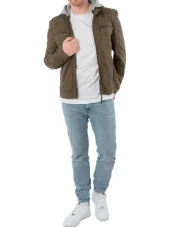 Blouson en cuir de mouton olive uni avec une coupe ajustée et un col à capuche