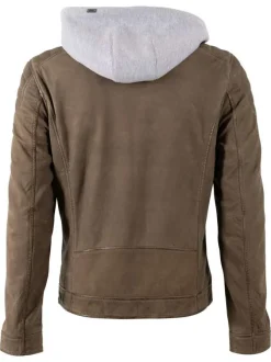 Blouson en cuir de mouton olive uni avec une coupe ajustée et un col à capuche