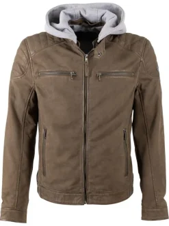Blouson en cuir de mouton olive uni avec une coupe ajustée et un col à capuche