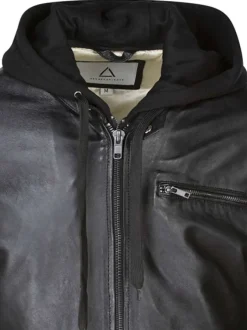 Blouson en cuir en cuir camel uni avec une coupe droite et un col à capuche