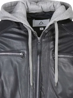 Blouson en cuir en cuir de mouton bleu uni droit avec parmenture à capuche
