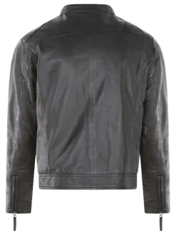 Blouson en cuir en cuir de mouton noir uni droit à col montant et poches
