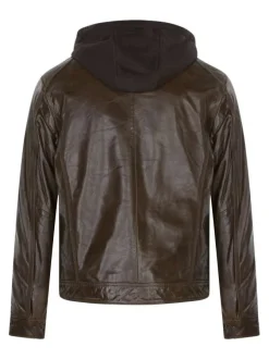 Blouson en cuir en cuir marron uni avec une coupe droite et un col à capuche