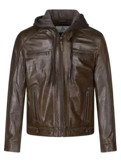 Blouson en cuir en cuir marron uni avec une coupe droite et un col à capuche
