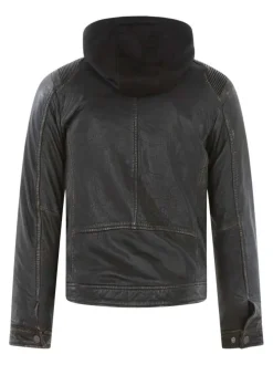 Blouson en cuir en cuir noir uni avec une coupe droite et un col à capuche