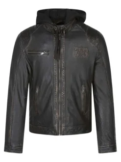 Blouson en cuir en cuir noir uni avec une coupe droite et un col à capuche