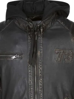 Blouson en cuir en cuir noir uni avec une coupe droite et un col à capuche