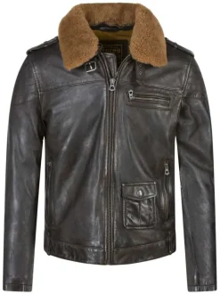 Blouson en cuir marron avec une coupe droite et un col aviateur amovible