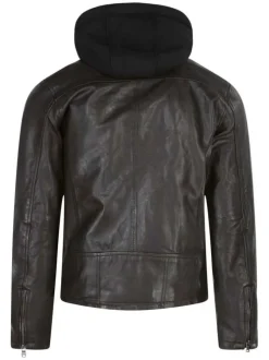 Blouson en cuir marron avec une coupe droite et une capuche amovible