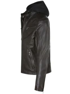 Blouson en cuir marron avec une coupe droite et une capuche amovible