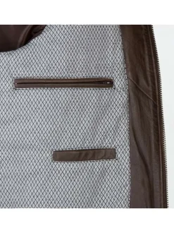 Blouson en cuir marron uni avec un col à revers courts en tricot