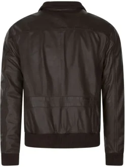 Blouson en cuir marron uni avec un col à revers courts en tricot