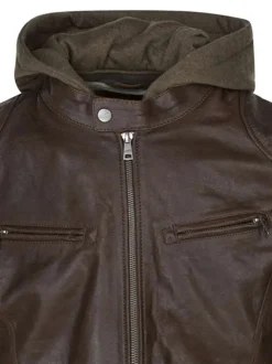 Blouson en cuir marron uni coupe ajustée col à capuche et fermeture zippée