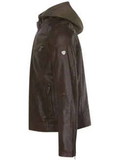 Blouson en cuir marron uni coupe ajustée col à capuche et fermeture zippée