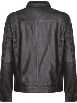 Blouson en cuir noir uni avec une coupe droite et un col rond