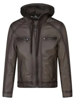 Blouson en cuir taupe uni avec une coupe ajustée et un col à capuche