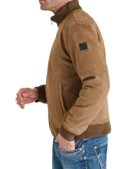 Blouson en cuir taupe uni avec une coupe droite et un col montant