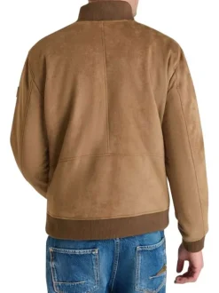 Blouson en cuir taupe uni avec une coupe droite et un col montant