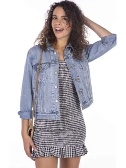 Blouson en jean bleu stone effet délavé avec un col à revers