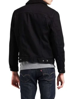 Blouson en jean à boutons pression, fourré, en coton noir à col sherpa
