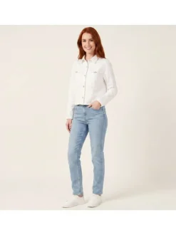 Blouson en jean en coton blanc uni pourvu d'une coupe droite et d'un col chemise