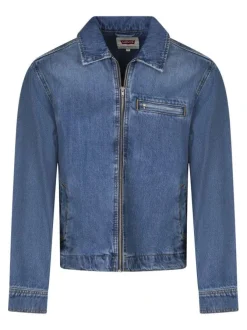 Blouson en jean en coton bleu denim uni avec une coupe droite et un col à revers