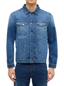 Blouson en jean en coton bleu délavé avec une coupe droite et 2 poches