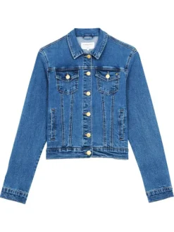 Blouson en jean en coton bleu délavé à coupe droite avec boutons dorés
