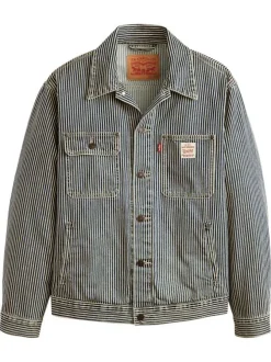 Blouson en jean en coton bleu à rayures avec un col à revers et des poches