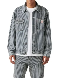 Blouson en jean en coton bleu à rayures avec un col à revers et des poches