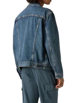 Blouson en jean en coton bleu uni avec un col à revers et des poches