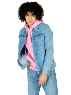 Blouson en Jean en coton bleu uni coupe droite col français avec poche poitrine