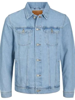 Blouson en Jean en coton bleu uni coupe droite col français avec poche poitrine