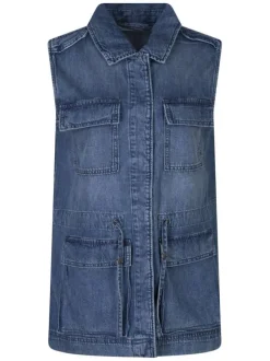 Blouson en jean en coton bleu uni pourvu d'un col chemise et d'une coupe droite