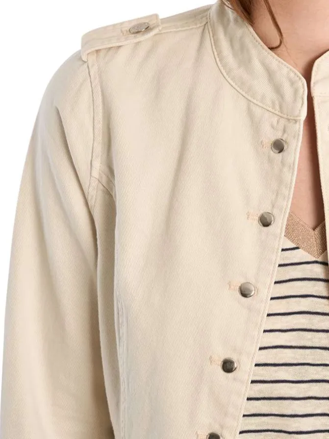 Blouson en jean en coton écru uni pourvu d'une coupe droite et d'un col montant