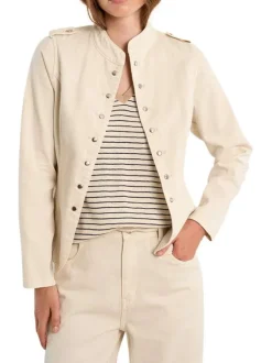 Blouson en jean en coton écru uni pourvu d'une coupe droite et d'un col montant
