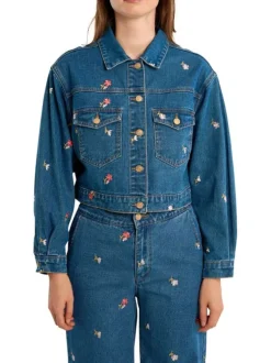Blouson en jean en coton indigo pourvu de motifs floraux brodés