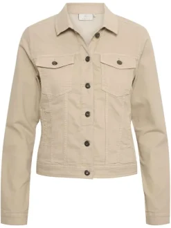 Blouson en Jean en coton mélangé beige uni pourvu d'une coupe ajustée
