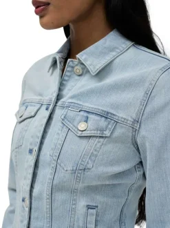 Blouson en jean en coton mélangé bleu clair uni à coupe ajustée