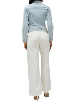 Blouson en jean en coton mélangé bleu clair uni à coupe ajustée