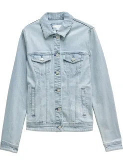 Blouson en jean en coton mélangé bleu clair uni à coupe ajustée