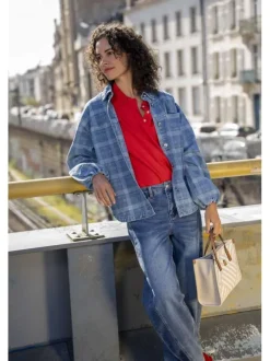 Blouson en jean en coton mélangé bleu vichy pourvu d'un col chemise