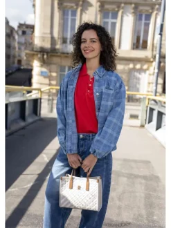 Blouson en jean en coton mélangé bleu vichy pourvu d'un col chemise