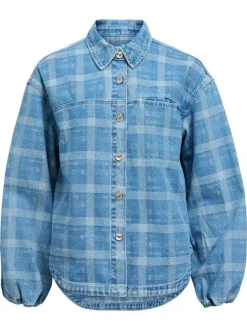 Blouson en jean en coton mélangé bleu vichy pourvu d'un col chemise