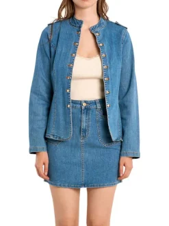 Blouson en jean en coton mélangé stone uni pourvu d'un col montant