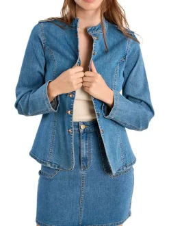 Blouson en jean en coton mélangé stone uni pourvu d'un col montant